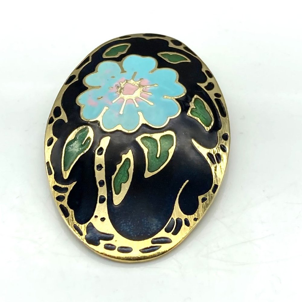 Vintage Cloisonne Flower Brooch, Black Enamel with Blue Floral on Gold Tone Oval